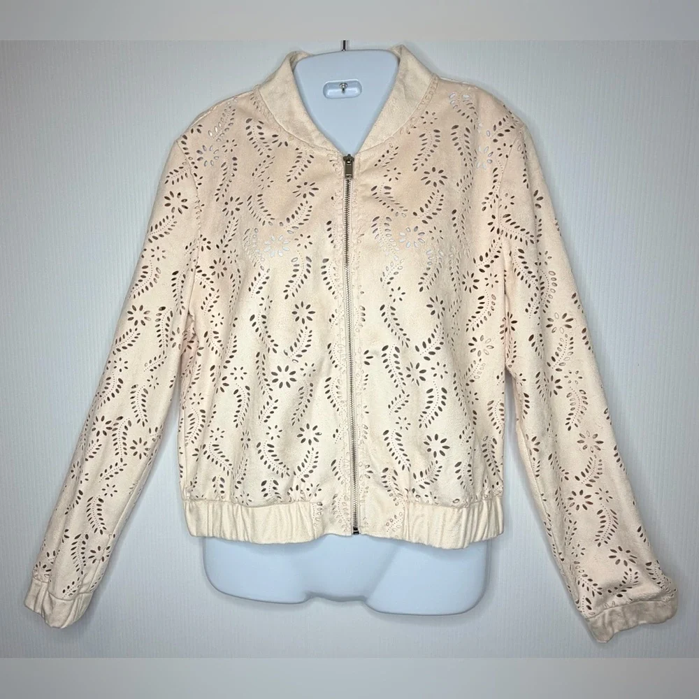 Forever 21 Pink Laser Cut Floral Eyelet Bomber Jacket Size Large